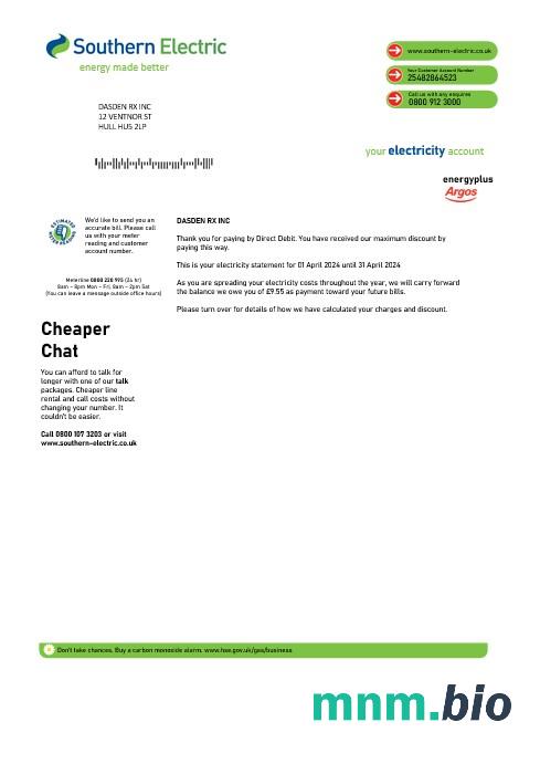 United Kingdom Southern Electric proof of address rachunek za usługi komunalne szablon w formatach Word i PDF